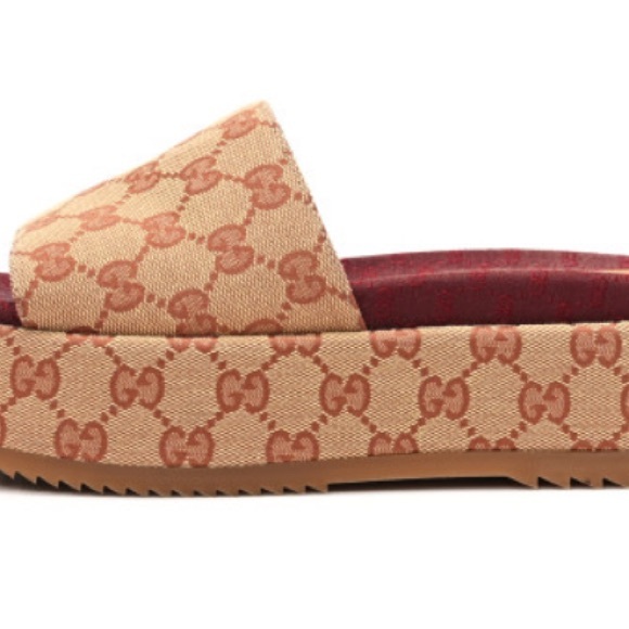 Canvas GG Monogram Angelina Platform Slide Sandals 36 Beige Ruggine